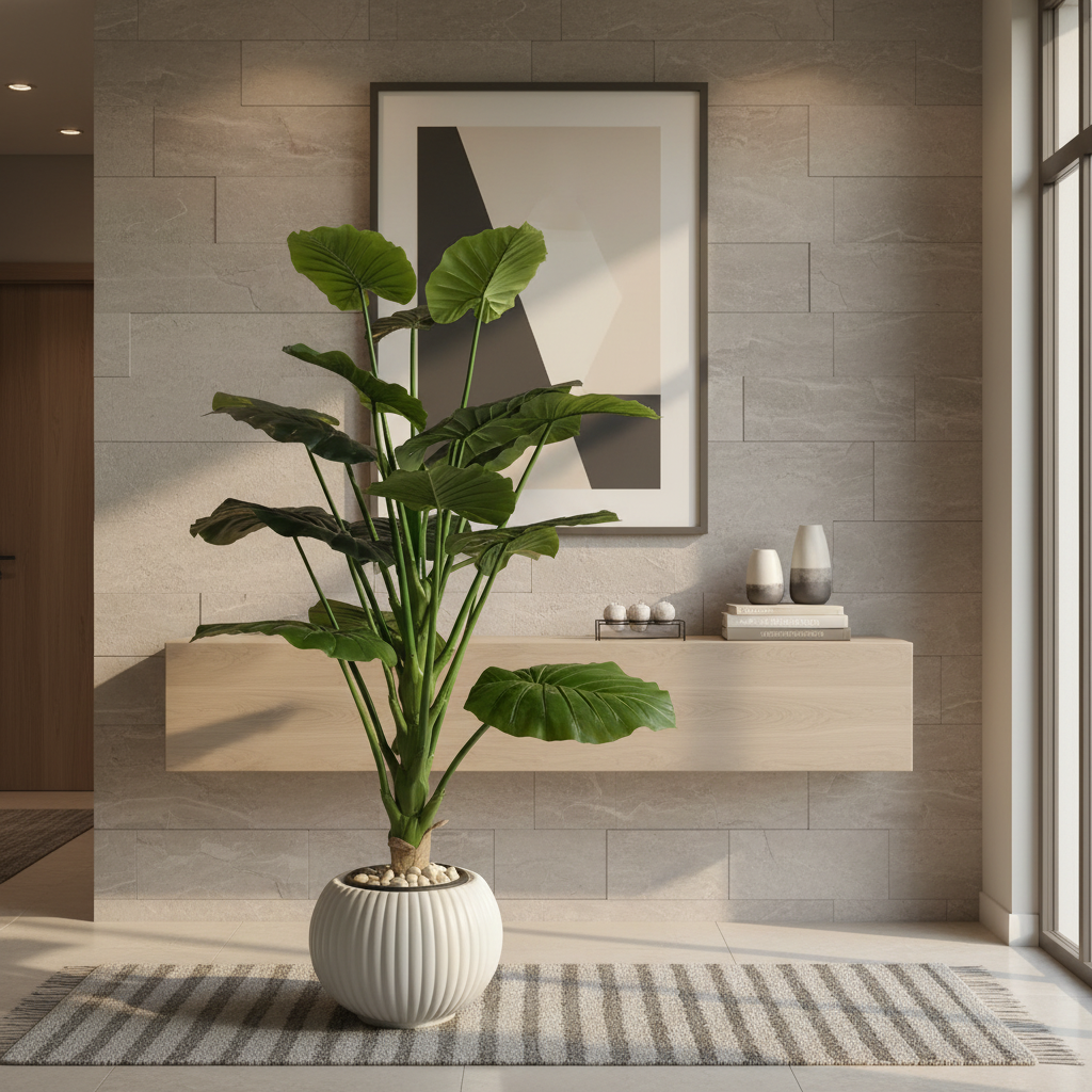 Artificial decorative plant in stylish modern entryway with console table