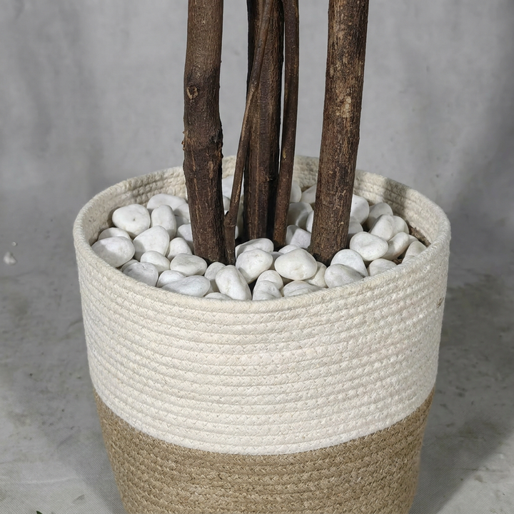 Close-up detail of woven rope pot with white pebbles