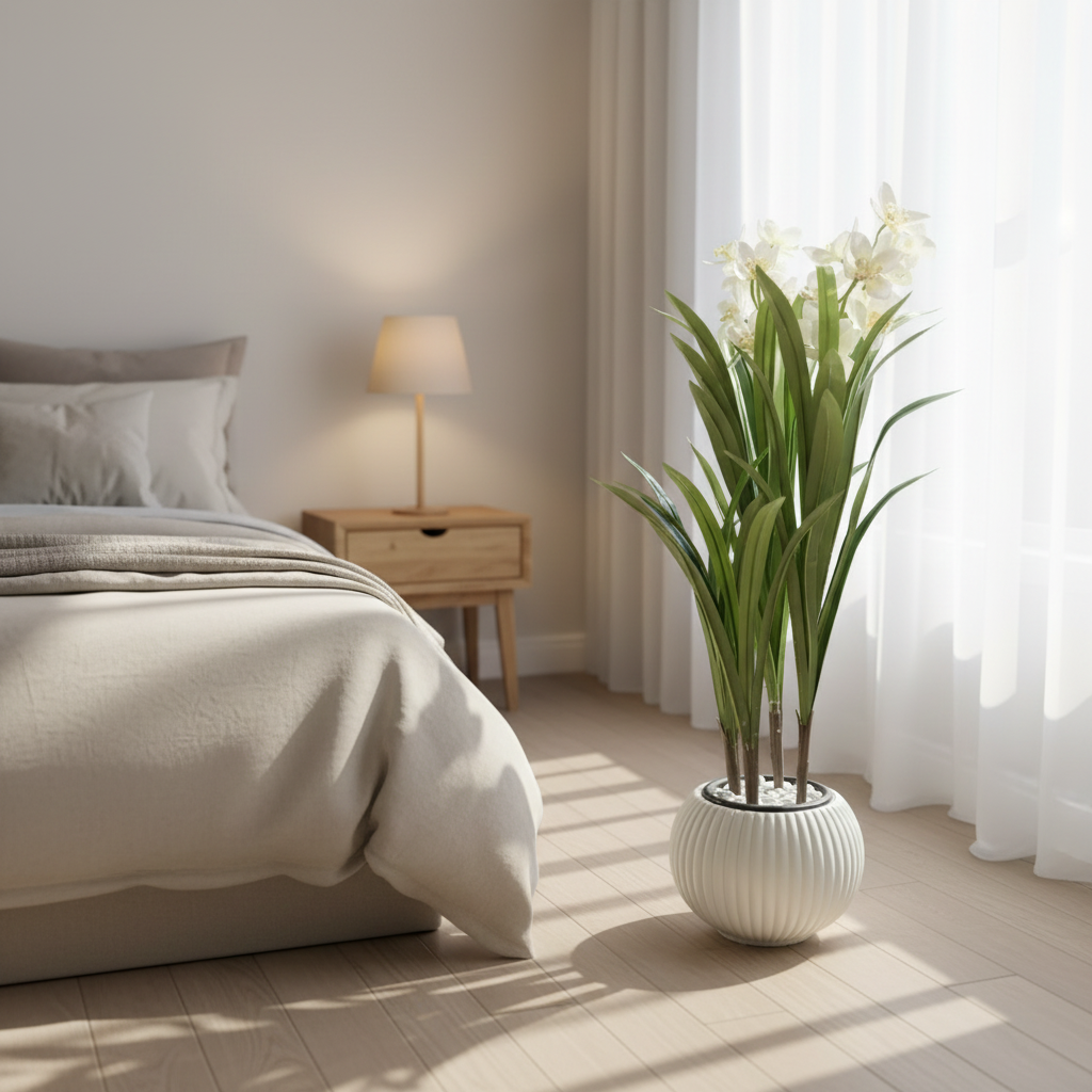 Artificial lucky bamboo in serene bedroom corner