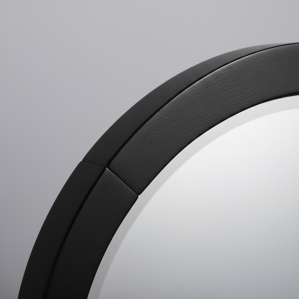 Close-up macro of black wooden frame corner showing wood grain and finish quality