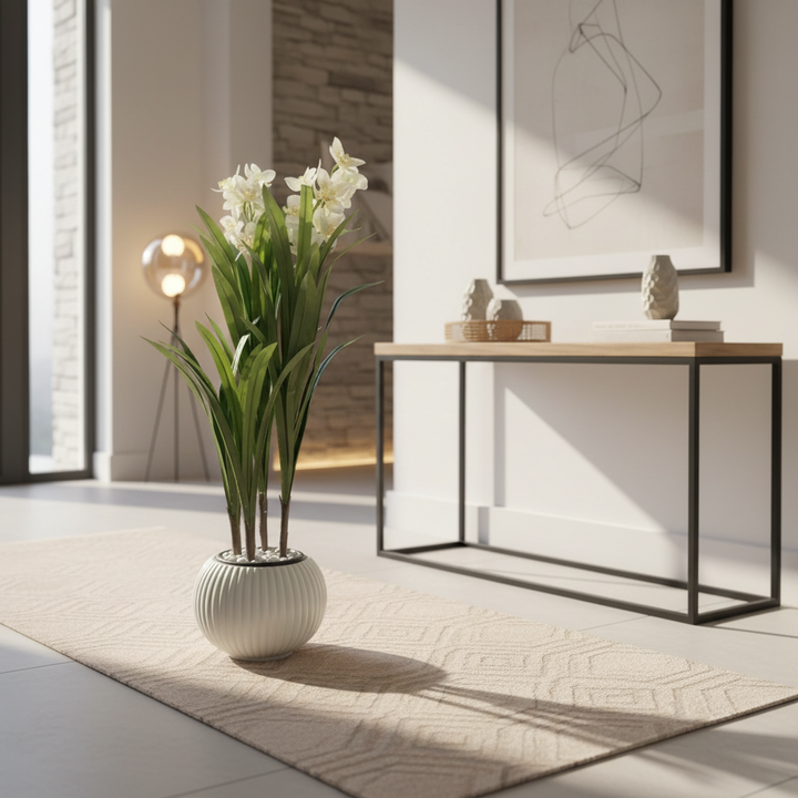 Artificial lucky bamboo in stylish modern entryway