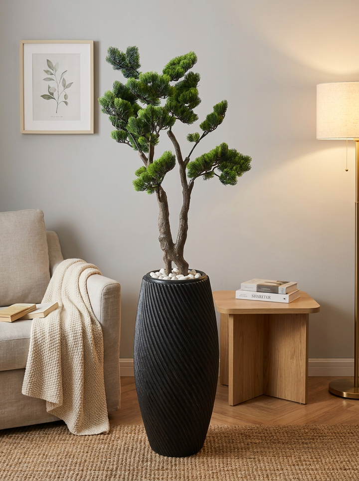 Artificial plant in cozy bedroom corner lifestyle setting