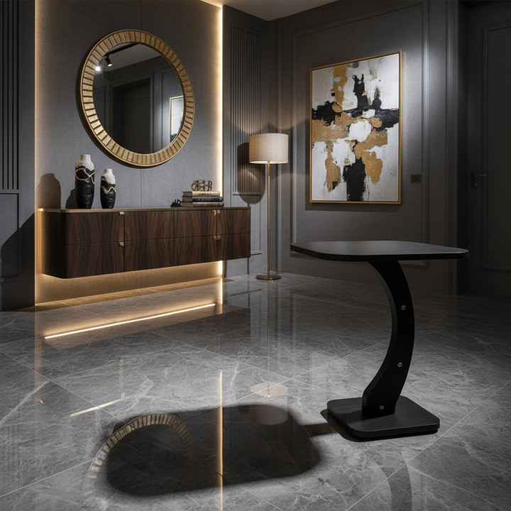 Black curved side table in luxury entryway with professional studio lighting