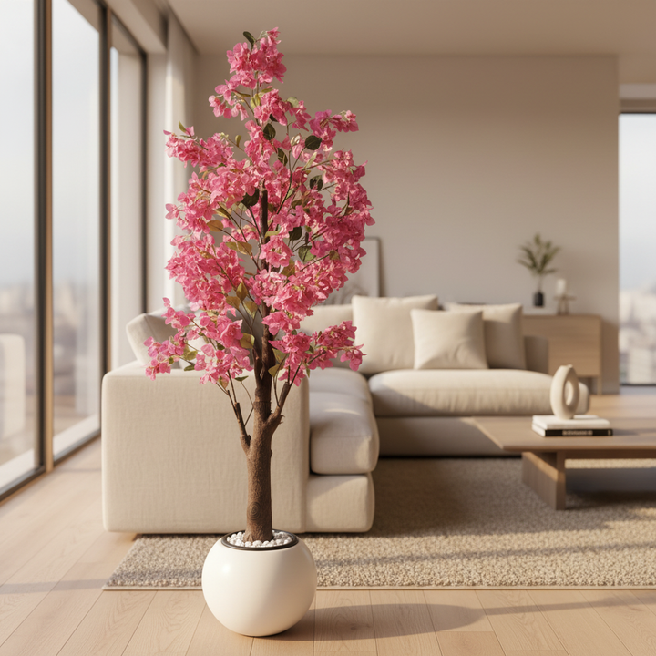 Artificial fern tree in modern living room with cream sofa