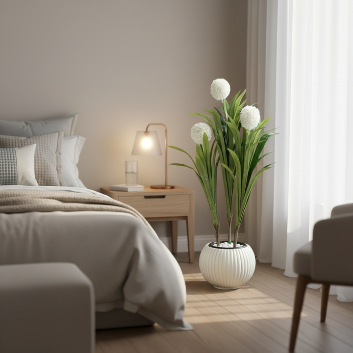 Artificial monstera in serene bedroom corner