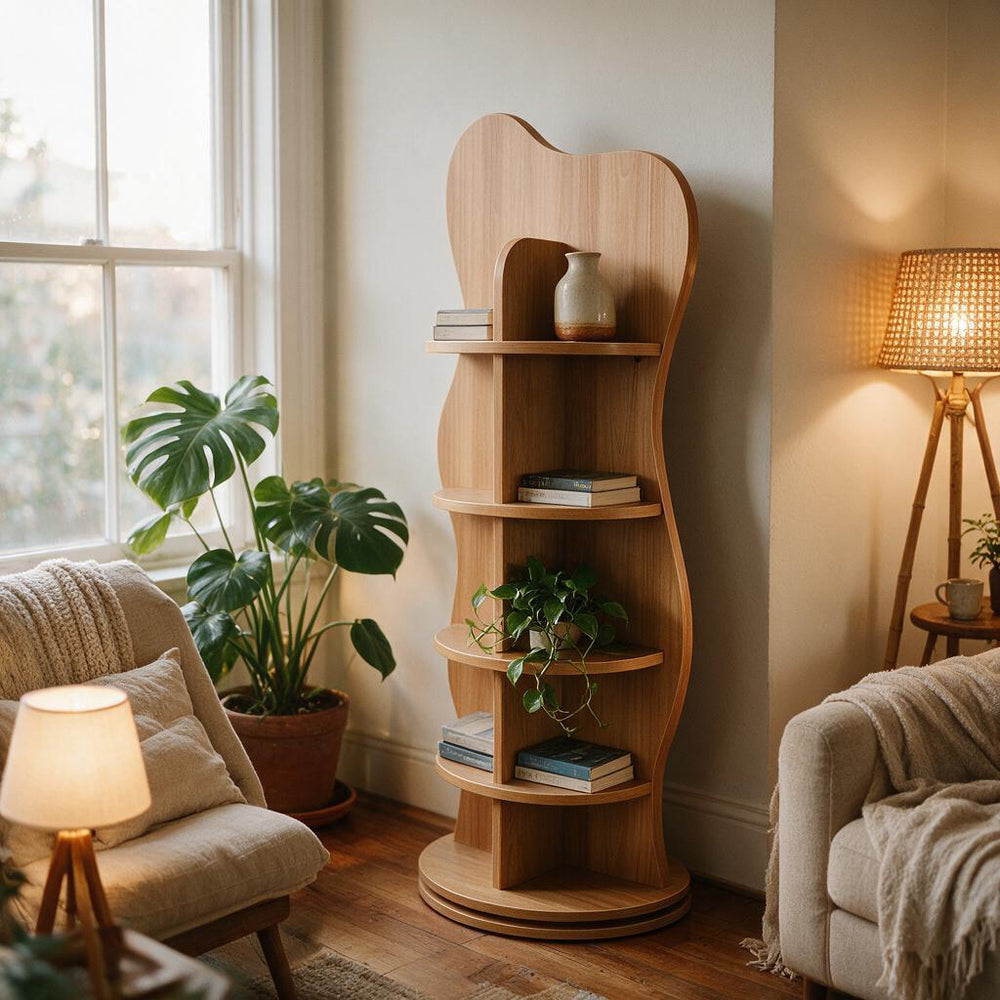 Rotating shelf back of the wavy mirror styled with books and plants