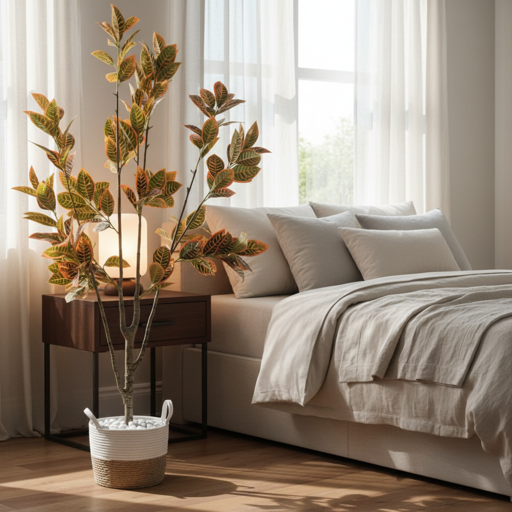 Artificial boxwood shrub in serene bedroom corner