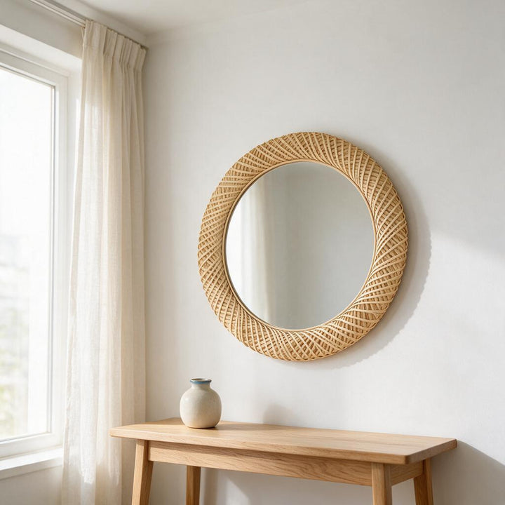 Round woven rattan wall mirror in a modern living room