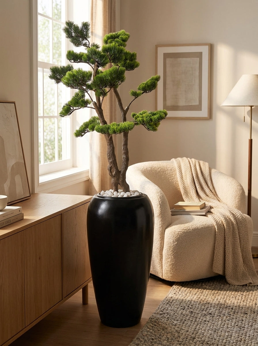 Artificial plant in designer pot styled in modern living room