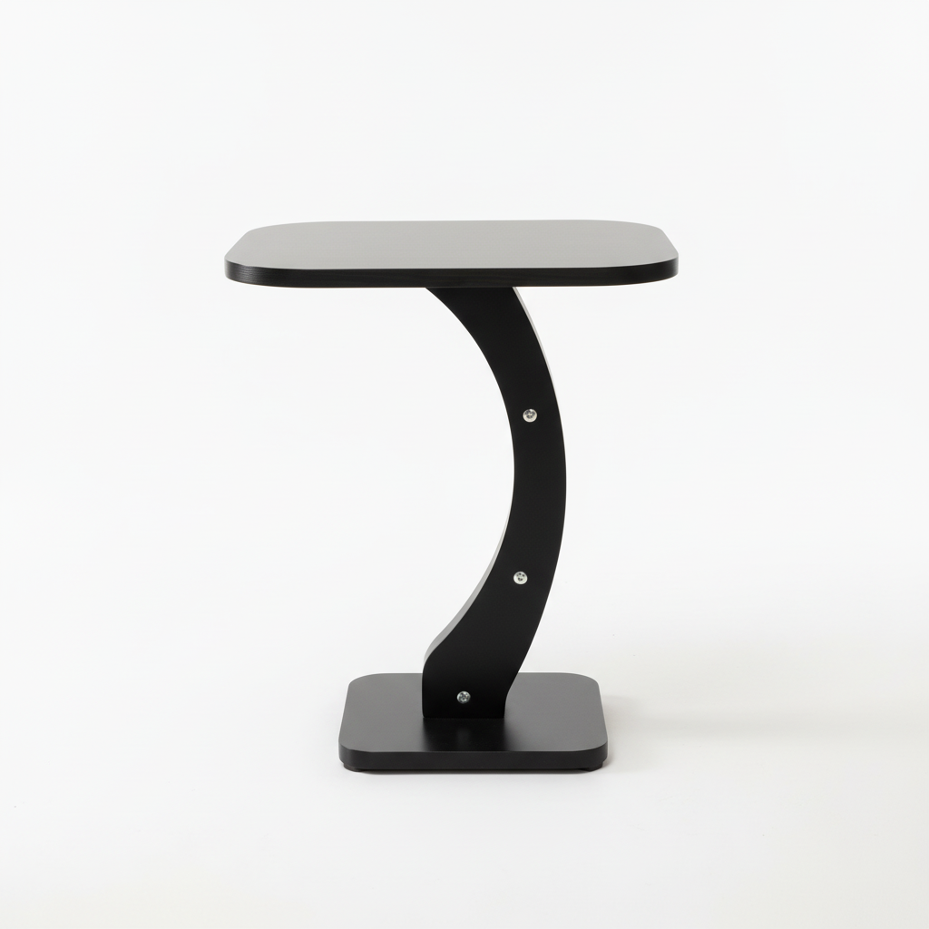 Black curved side table professional studio front view perfect lighting