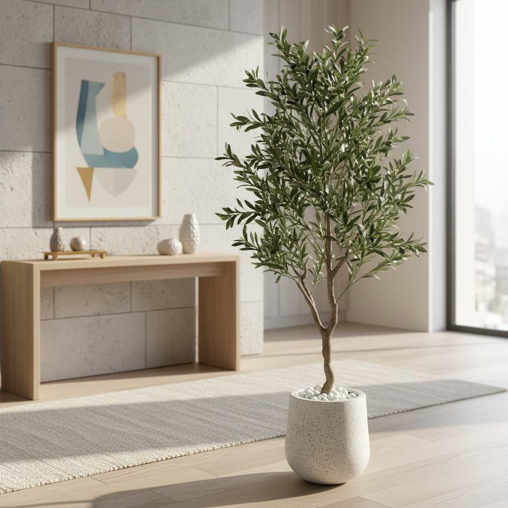 Large artificial olive tree in stylish modern entryway with console table
