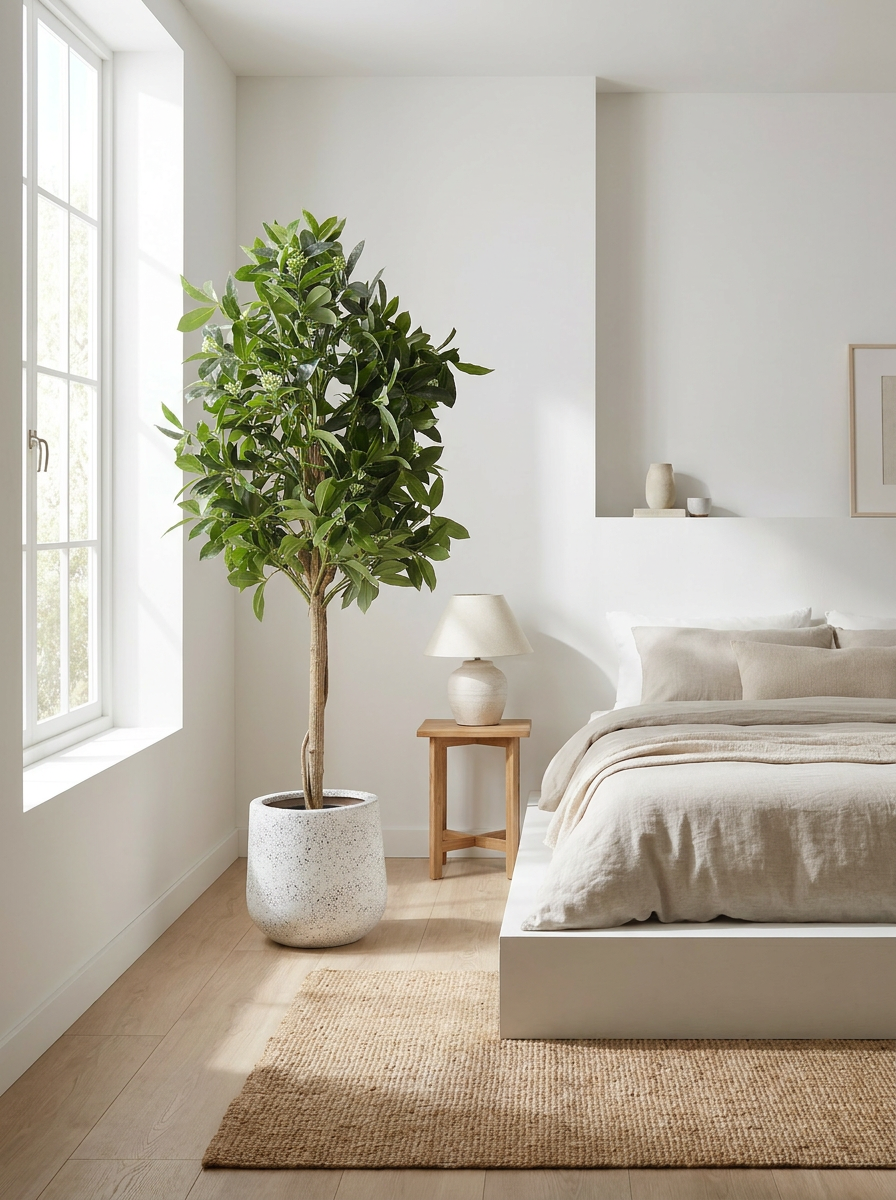 Artificial Ficus Tree with Flower Buds - Minimalist Bedroom