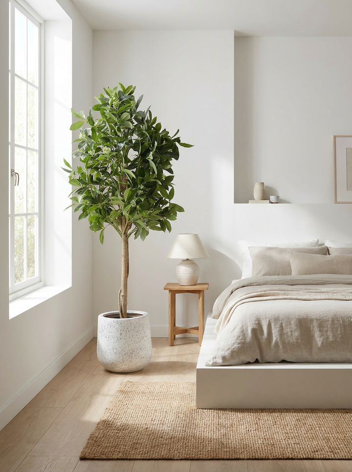 Artificial Ficus Tree with Flower Buds - Minimalist Bedroom