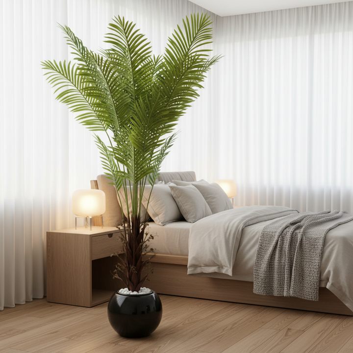 Artificial snake plant in serene bedroom corner