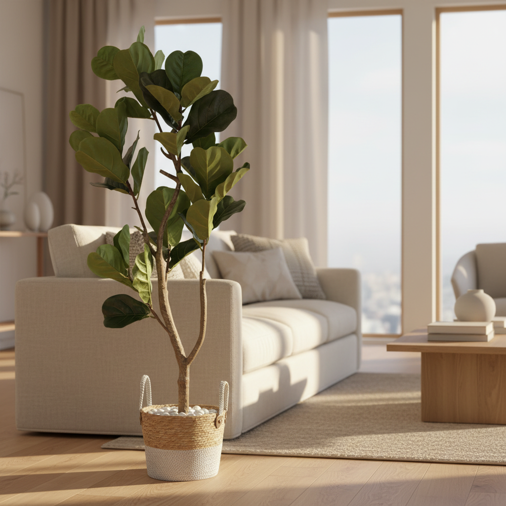 Artificial myrtle shrub in modern living room with cream sofa