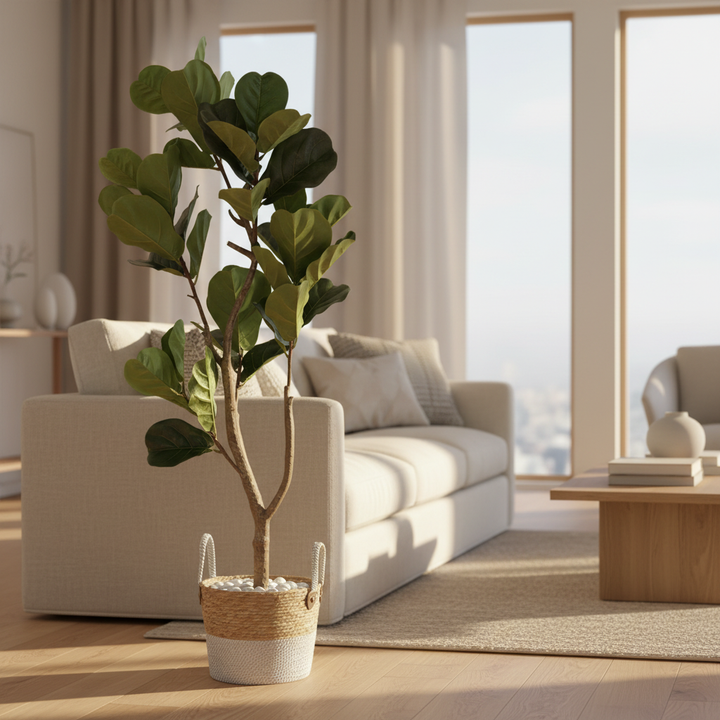 Artificial myrtle shrub in modern living room with cream sofa