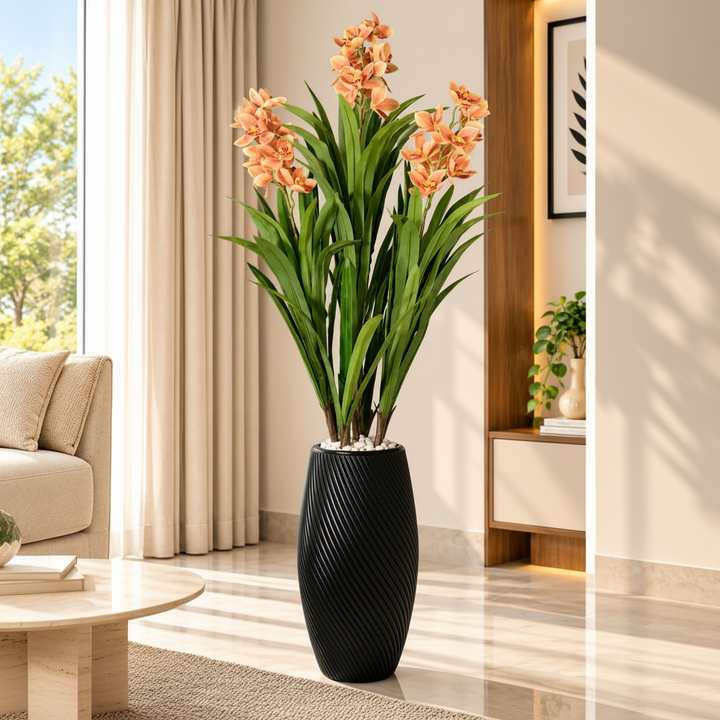 Artificial Peach Orchid Plant 220 cm in black ribbed planter - living room