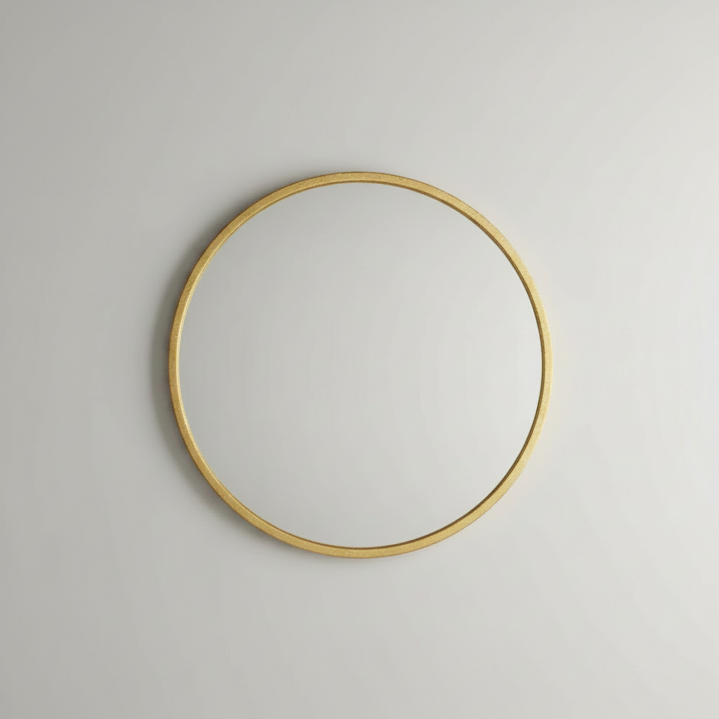 Gold wood-framed wall mirror studio shot on white background