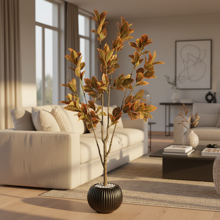 Artificial boxwood shrub in modern living room with cream sofa
