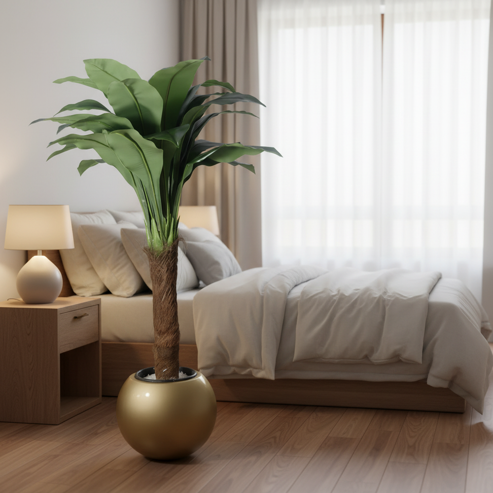 Artificial trailing pothos tree in serene bedroom corner