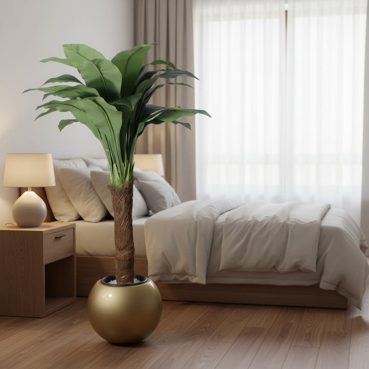 Artificial trailing pothos tree in serene bedroom corner