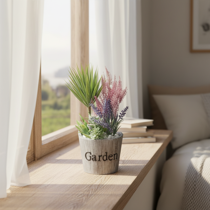 Artificial moss ball on bright bedroom windowsill with morning light