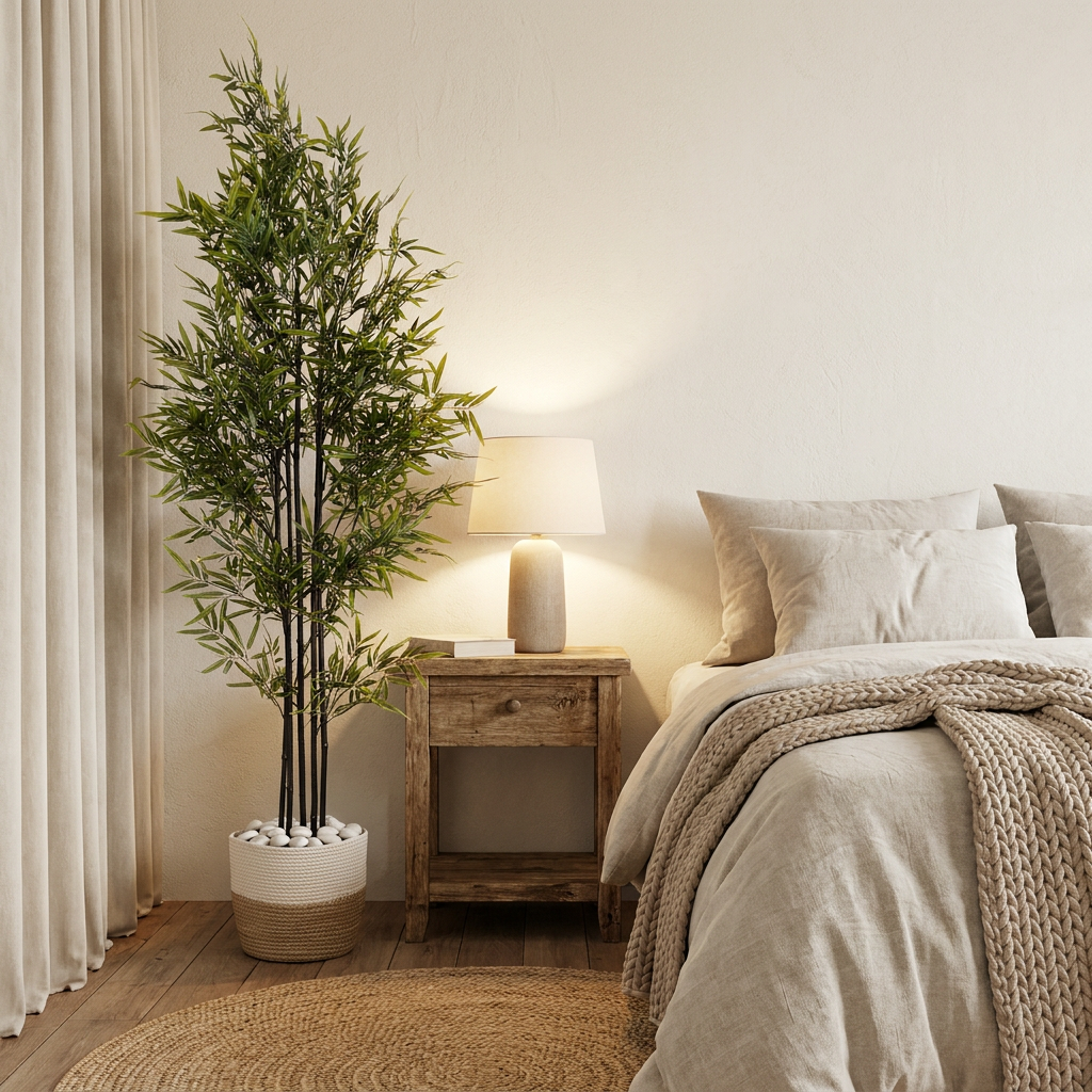 Artificial plant in bedroom corner lifestyle setting
