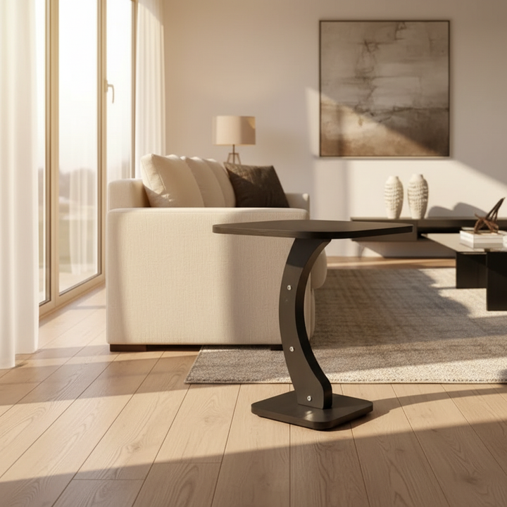 Black curved side table in luxury living room with professional lighting