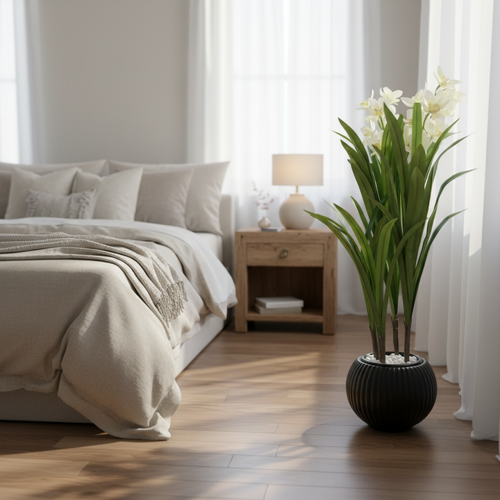 Artificial trailing pothos in serene bedroom corner