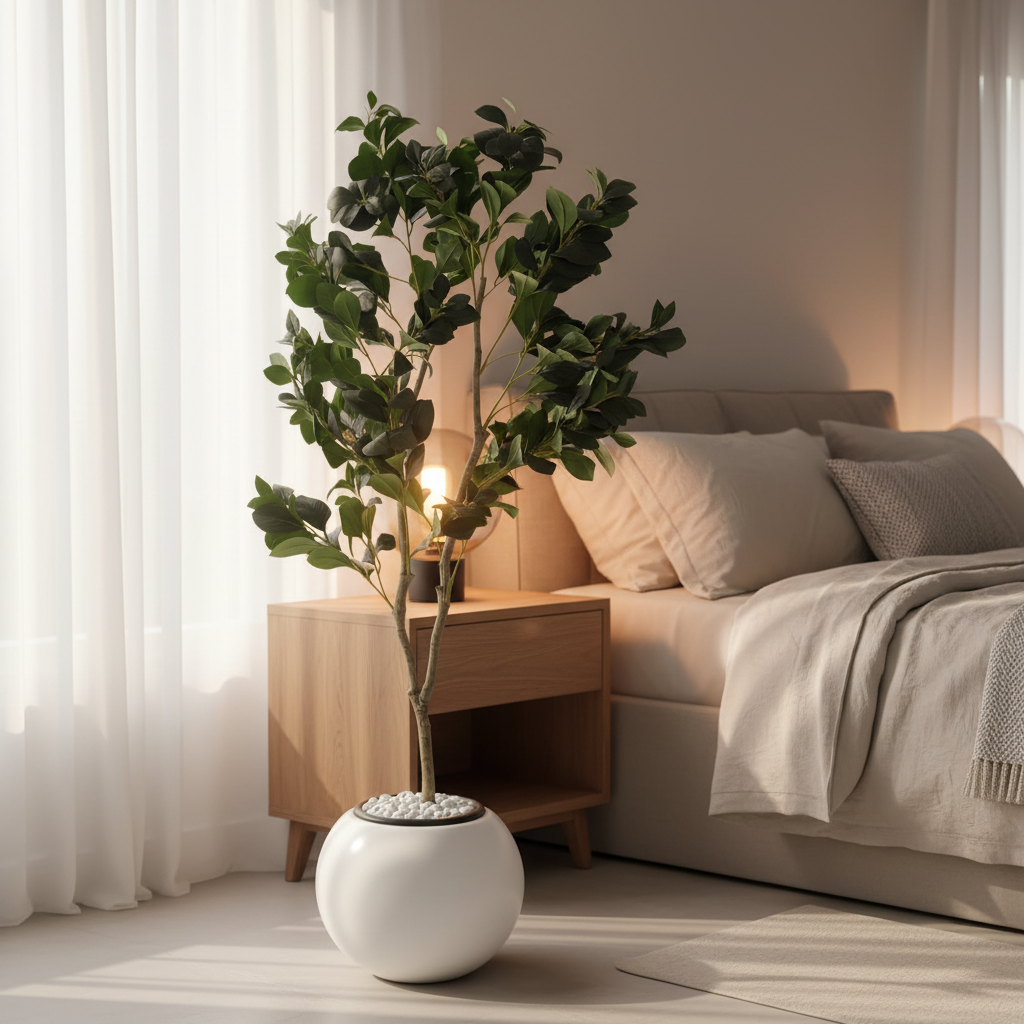 Artificial dracaena in serene bedroom corner