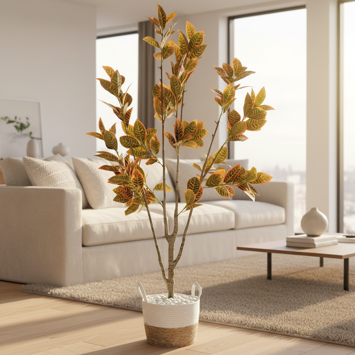 Artificial boxwood shrub in modern living room with cream sofa