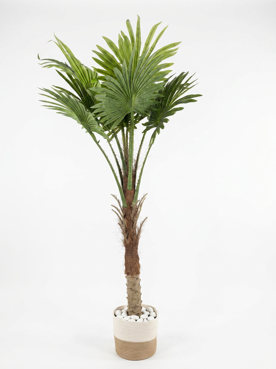 Artificial decorative plant with pot on white studio background