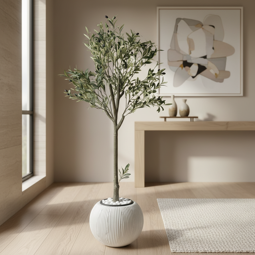 Artificial olive tree in stylish modern entryway with console table