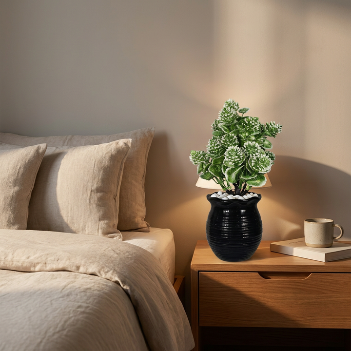 Artificial plant in bedroom corner lifestyle setting