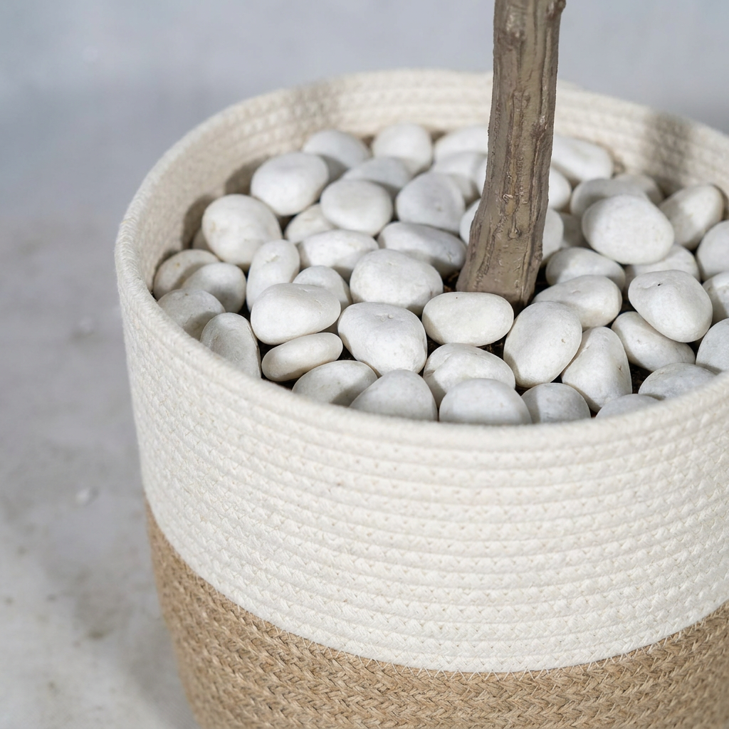 Close-up detail of pot base with decorative white pebbles