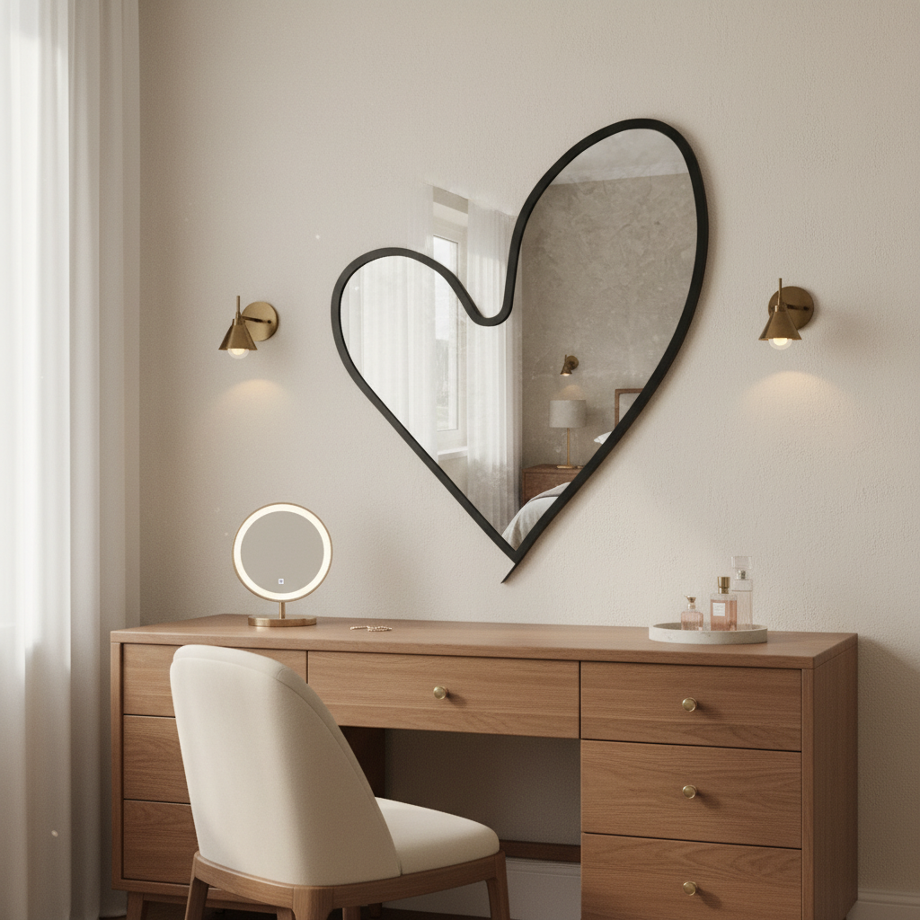Heart-shaped mirror in bedroom above dresser with vanity setup