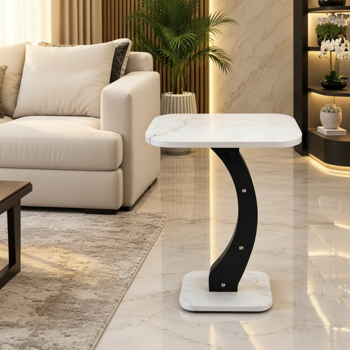 White marble side table in luxury living room with professional lighting