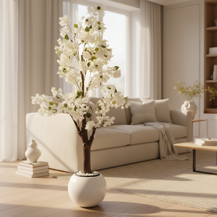 Artificial snake plant in modern living room with cream sofa