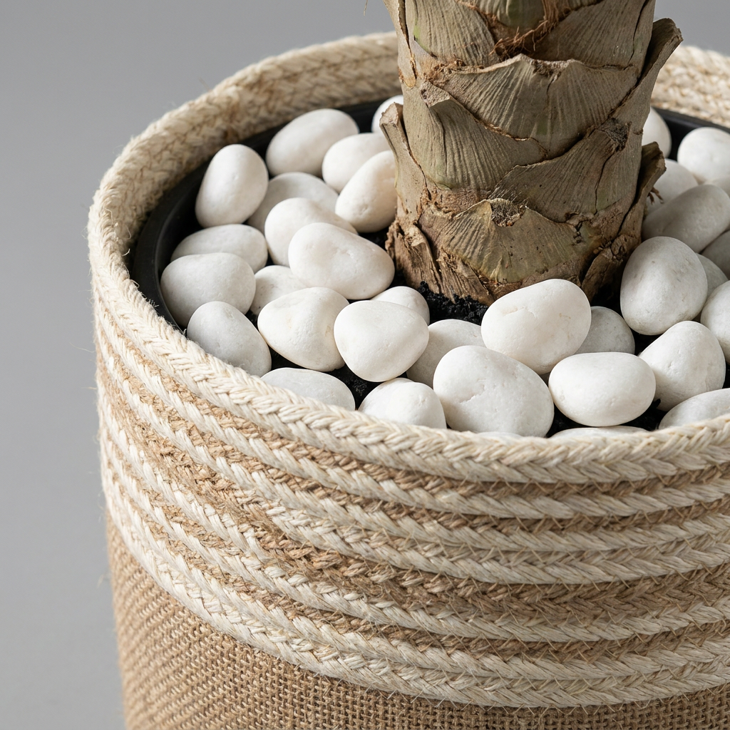 Close-up detail of pot base with decorative white pebbles on gray background