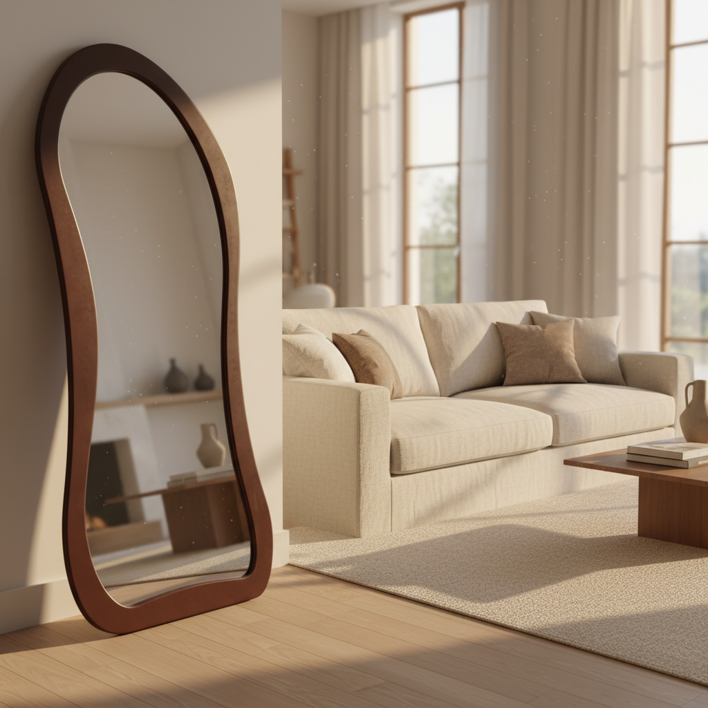 Decorative mirror with natural wooden frame leaning in modern living room