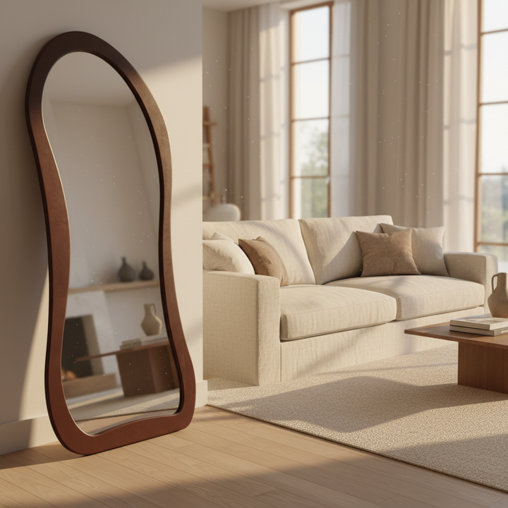 Decorative mirror with natural wooden frame leaning in modern living room