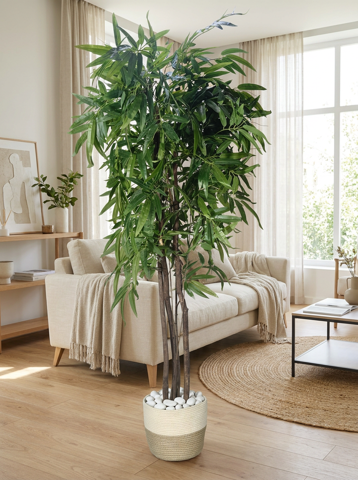 Artificial willow tree in modern living room lifestyle setting