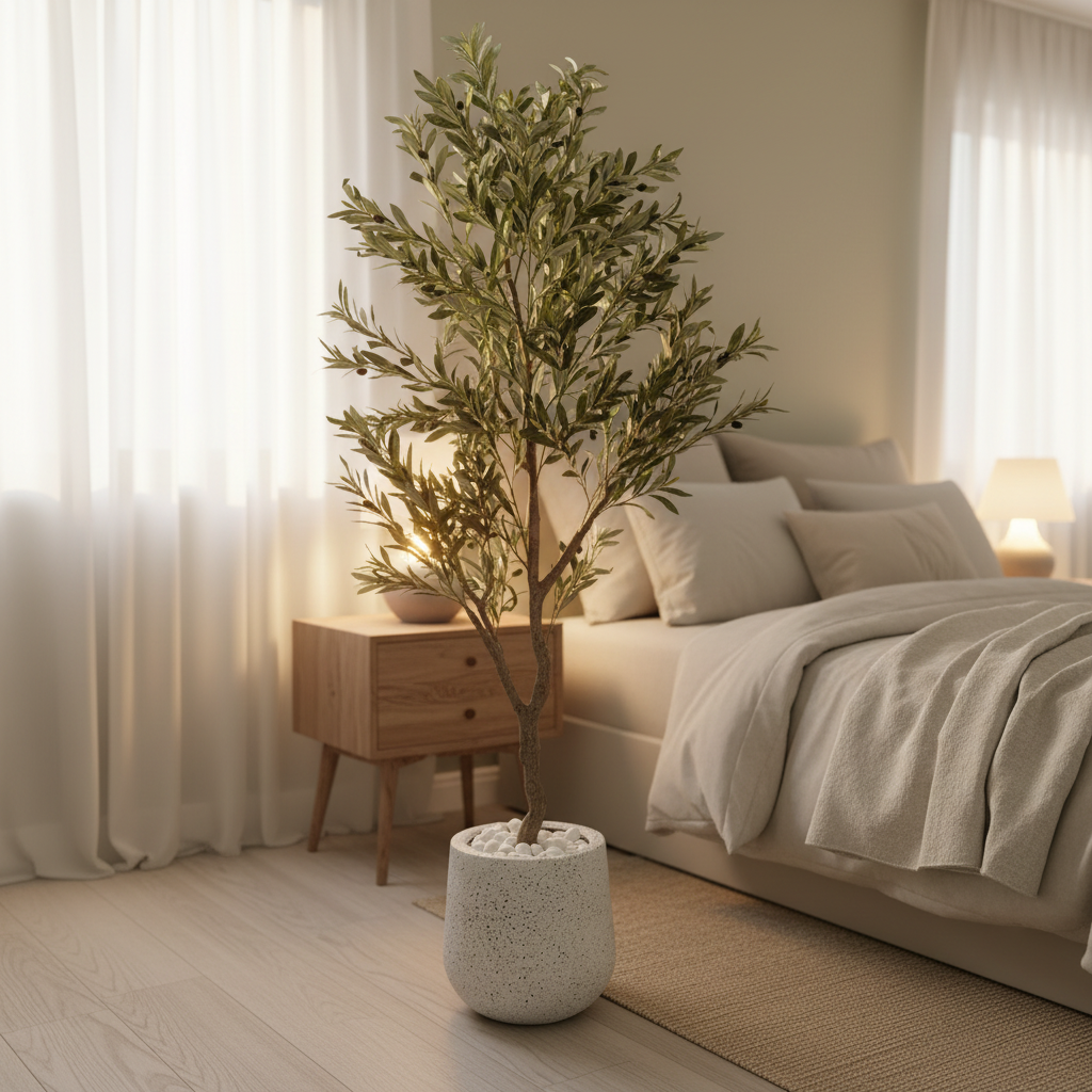 Large artificial olive tree in serene bedroom corner with linen bedding
