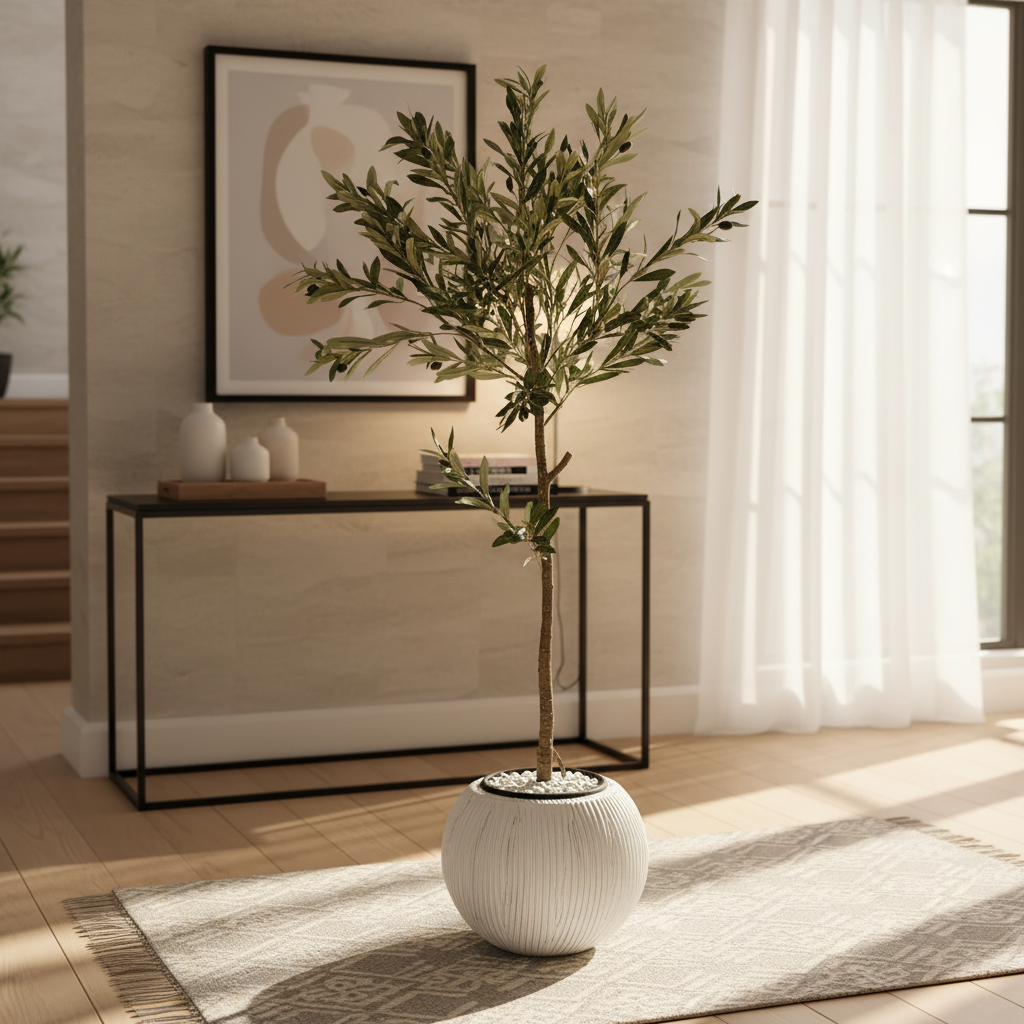 Artificial ficus tree in stylish modern entryway with console table