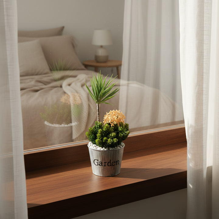 Artificial trailing ivy on bright bedroom windowsill with morning light