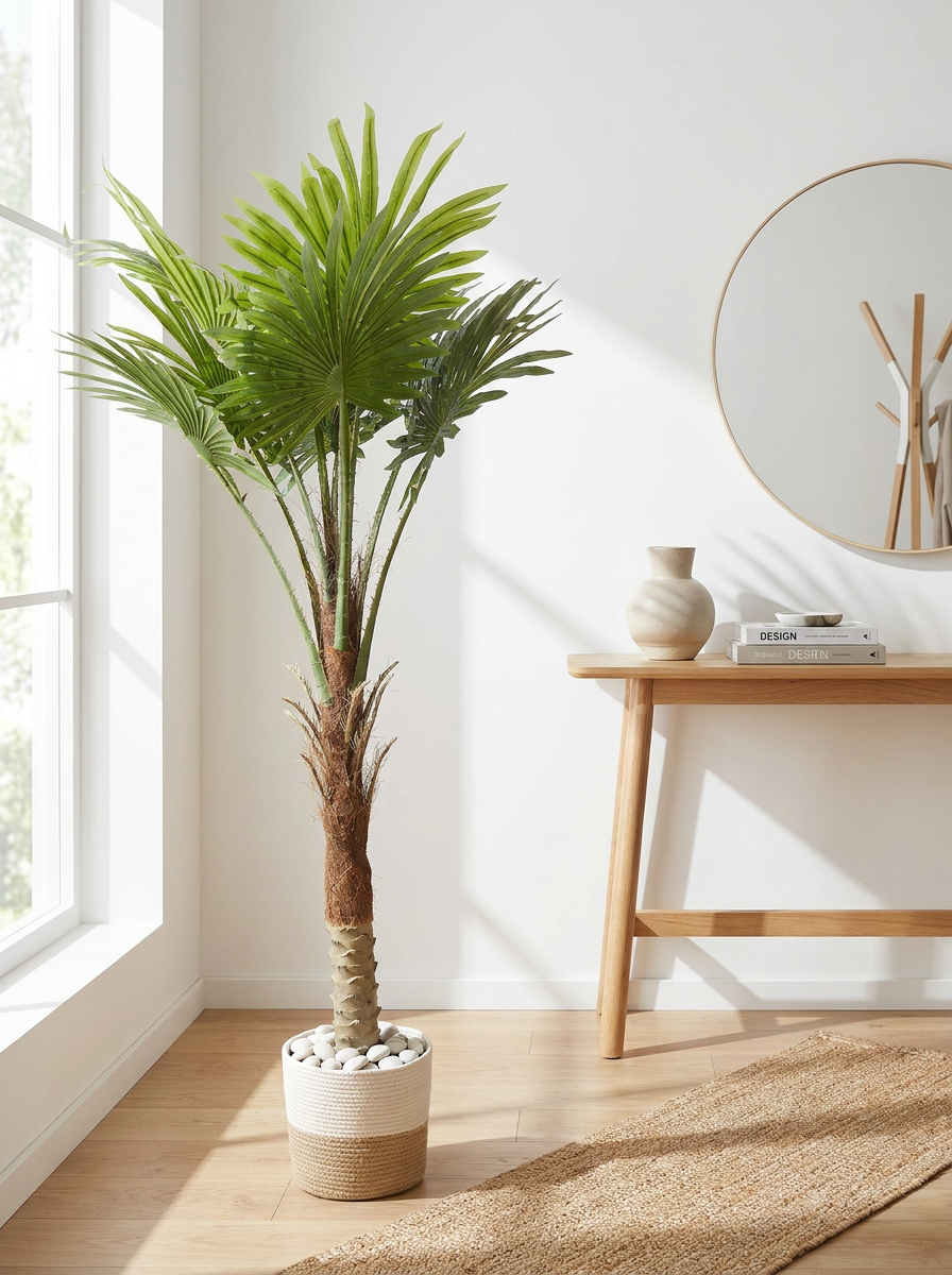 Artificial plant in bright home entryway lifestyle setting