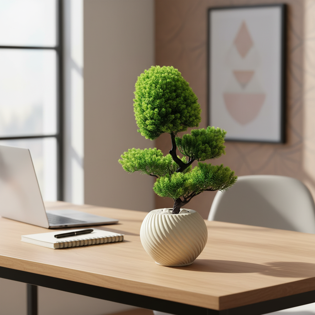Artificial peperomia on modern office desk with laptop