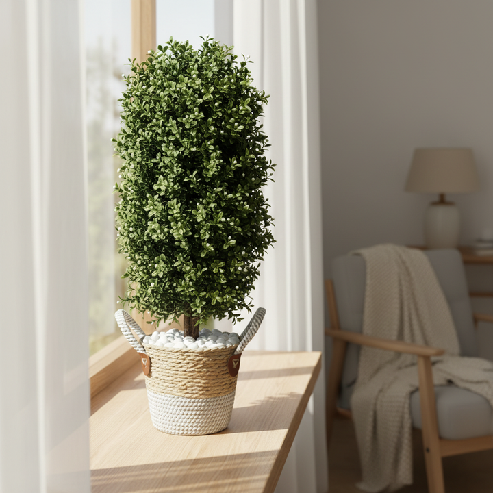 Artificial succulent on bright bedroom windowsill with morning light