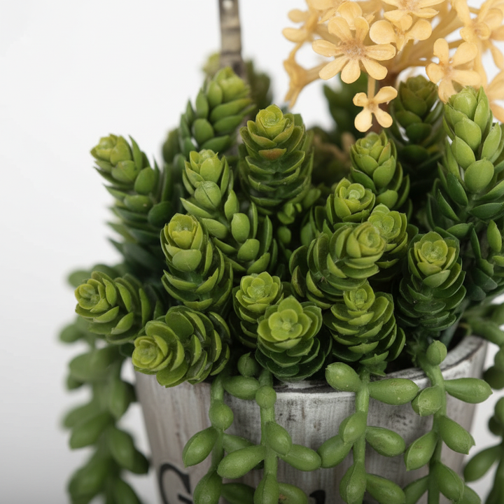 Close-up of artificial ivy delicate trailing leaves on white studio background
