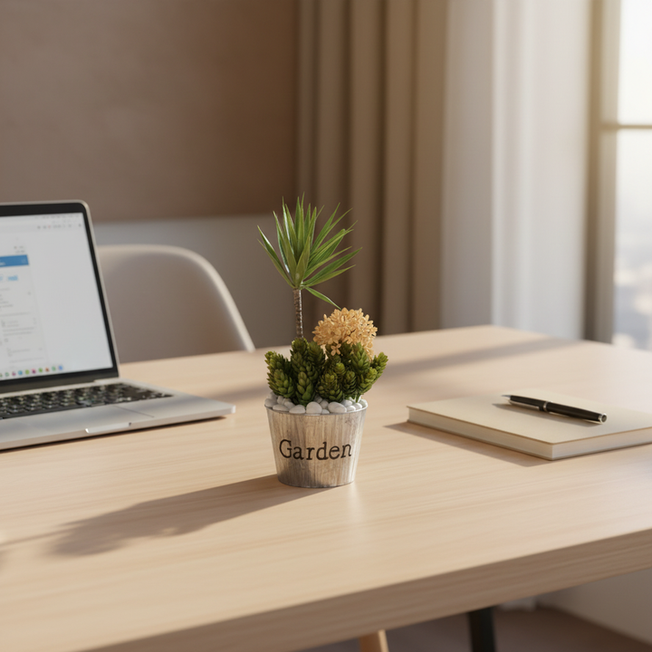 Artificial trailing ivy on modern office desk with laptop